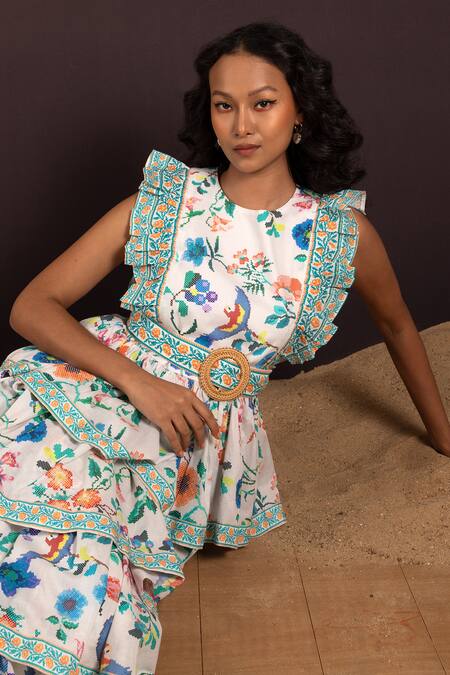 Shop Pop Sugar Multi Color Cotton Buckles Round Neck Ethereal Blossom Layered Dress Online at Aza Fashions Shop_Pop Sugar_Multi Color Cotton Buckles Round Neck Ethereal Blossom Layered Dress _Online_at_Aza_Fashions