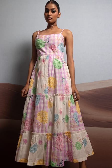 Shop_Pop Sugar_Multi Color 100% Cotton Printed Patches Straight Paradise Dream Tiered Dress _at_Aza_Fashions