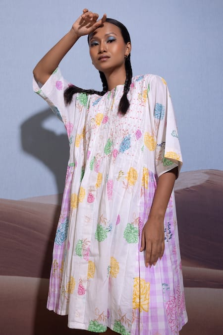 Shop_Pop Sugar_Multi Color Cotton Printed Pin Tucks Round Paradise Dress _at_Aza_Fashions