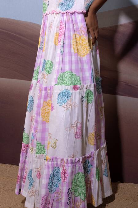 Pop Sugar_Multi Color 100% Cotton Printed Patches Paradise Dream Tiered Skirt _Online_at_Aza_Fashions
