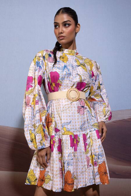 Shop Pop Sugar Multi Color Cotton Buckles High Neck Regal Bloom Plaid Print Dress Online at Aza Fashions Shop_Pop Sugar_Multi Color Cotton Buckles High Neck Regal Bloom Plaid Print Dress _Online_at_Aza_Fashions