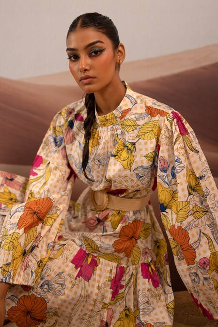 Pop Sugar Multi Color Cotton Buckles High Neck Regal Bloom Plaid Print Dress at Aza Fashions Pop Sugar_Multi Color Cotton Buckles High Neck Regal Bloom Plaid Print Dress _at_Aza_Fashions