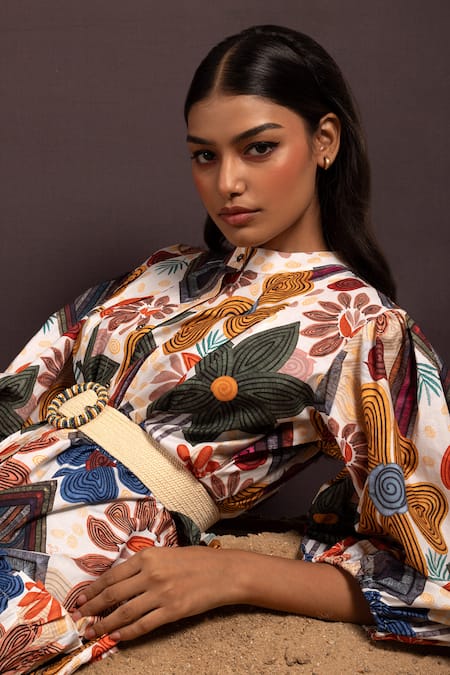 Buy_Pop Sugar_Multi Color Cotton Embroidery High Neck Celestial Bloom Short Dress _Online_at_Aza_Fashions