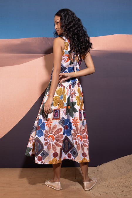 Shop Pop Sugar Multi Color Cotton Round Neck Celestial Bloom Midi Dress at Aza Fashions Shop_Pop Sugar_Multi Color Cotton Round Neck Celestial Bloom Midi Dress _at_Aza_Fashions