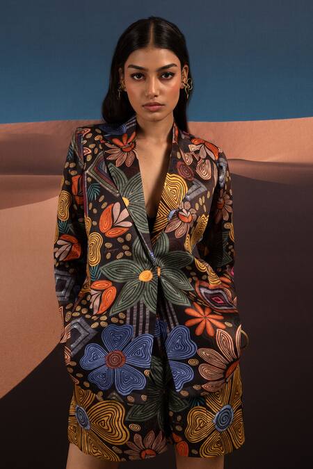 Buy_Pop Sugar_Multi Color Satin Embroidery Opulent Garden Jacket And Shorts Set _Online_at_Aza_Fashions