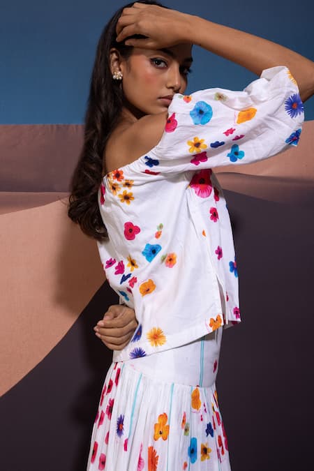 Shop Pop Sugar Multi Color Cotton Embroidery Off-shoulder Elysian Bloom Crop Top And Skirt at Aza Fashions Shop_Pop Sugar_Multi Color Cotton Embroidery Off-shoulder Elysian Bloom Crop Top And Skirt _at_Aza_Fashions