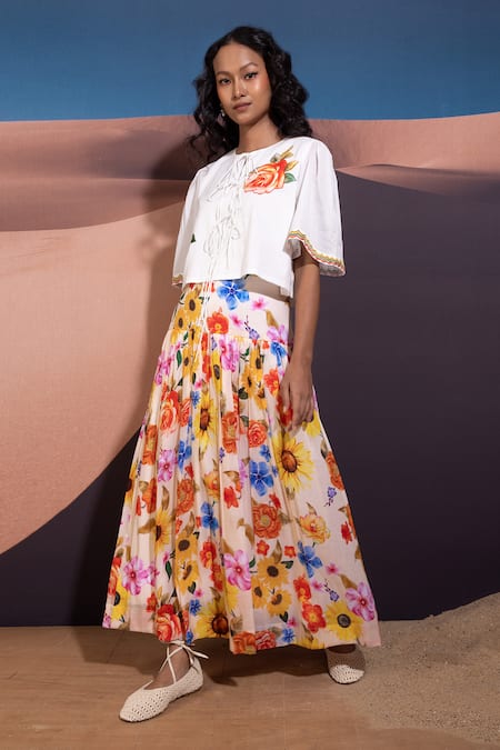 Shop Pop Sugar Multi Color Cotton Embroidery Turtle Neck Elegant Blossom Crop Top And Skirt Set at Aza Fashions Shop_Pop Sugar_Multi Color Cotton Embroidery Turtle Neck Elegant Blossom Crop Top And Skirt Set _at_Aza_Fashions