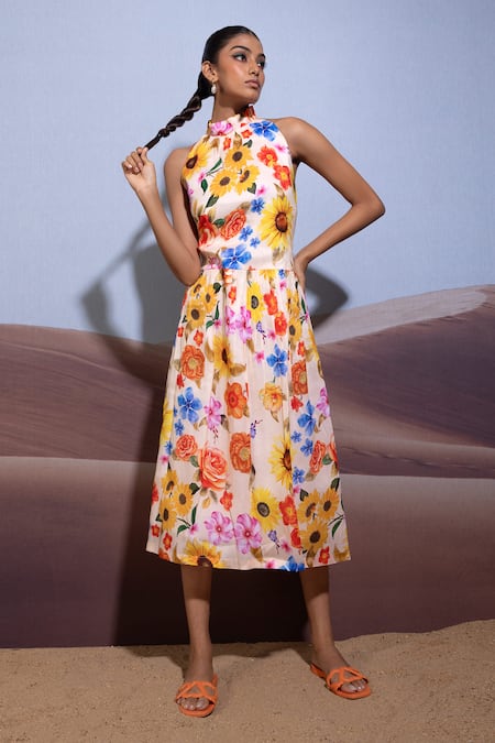 Pop Sugar Multi Color Cotton Floral Halter Neck Elegant Blossom Dress 