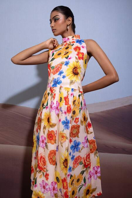 Shop_Pop Sugar_Multi Color Cotton Embroidery Halter Neck Elegant Blossom Dress _at_Aza_Fashions