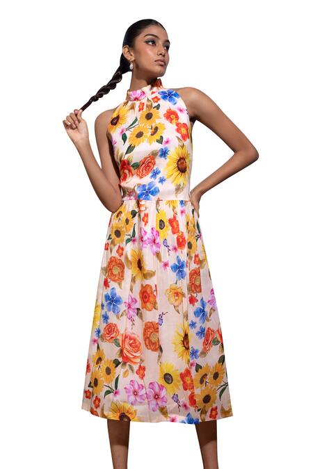 Pop Sugar_Multi Color Cotton Embroidery Halter Neck Elegant Blossom Dress _Online_at_Aza_Fashions
