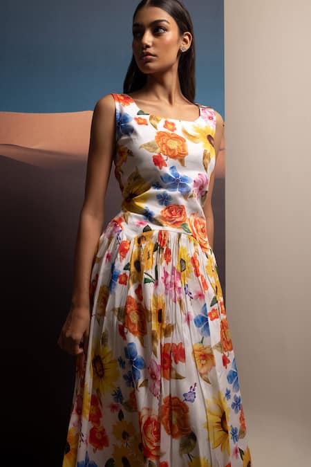Shop_Pop Sugar_Multi Color Cotton Round Neck Elegant Blossom Drop Waist Dress _at_Aza_Fashions