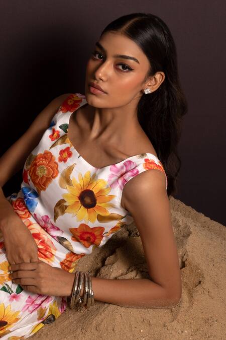 Pop Sugar_Multi Color Cotton Round Neck Elegant Blossom Drop Waist Dress _Online_at_Aza_Fashions