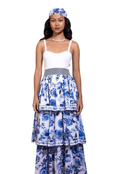 Pop Sugar_White Cotton Embroidery Enchanted Azure Blossom Layered Skirt _Online_at_Aza_Fashions