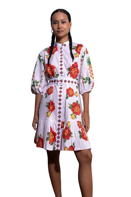Pop Sugar_White Cotton Embroidery Collared Rose Petal Paradise Dress _Online_at_Aza_Fashions