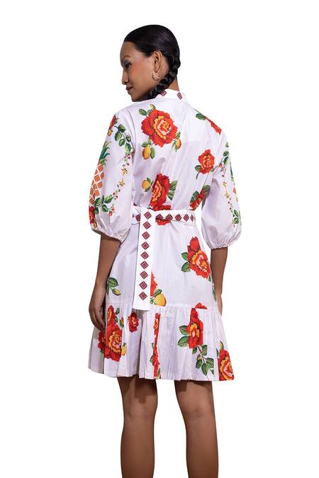 Buy_Pop Sugar_White Cotton Embroidery Collared Rose Petal Paradise Dress _Online_at_Aza_Fashions