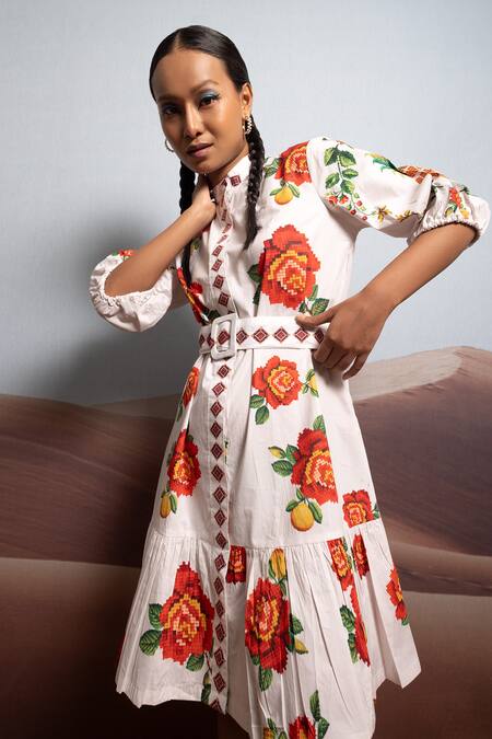 Shop_Pop Sugar_White Cotton Embroidery Collared Rose Petal Paradise Dress _Online_at_Aza_Fashions