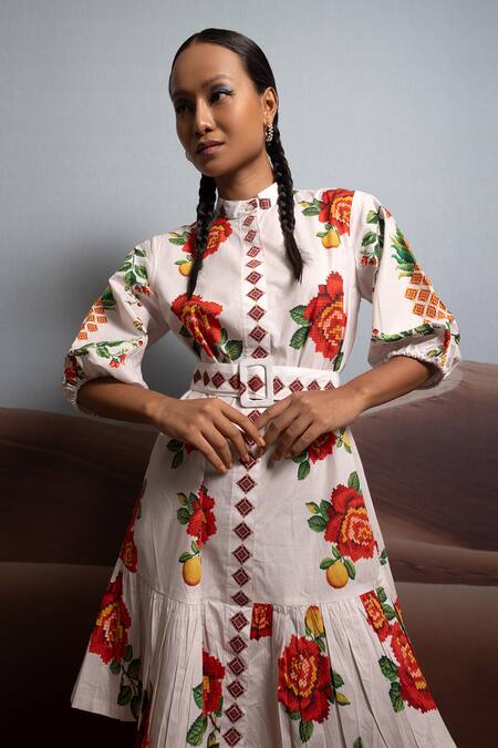 Pop Sugar_White Cotton Embroidery Collared Rose Petal Paradise Dress _at_Aza_Fashions