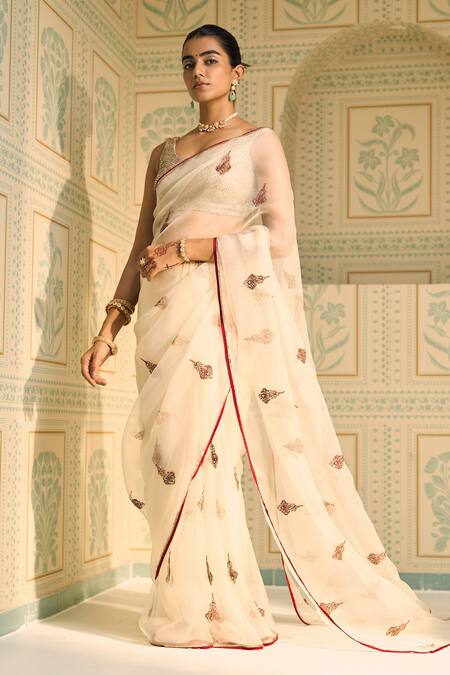 Sarang Kaur White Organza, Silk, Satin Beads, Chavi Saree With Unstitched Blouse Piece Online at Aza Fashions Sarang Kaur_White Organza, Silk, Satin Beads, Chavi Saree With Unstitched Blouse Piece _Online_at_Aza_Fashions
