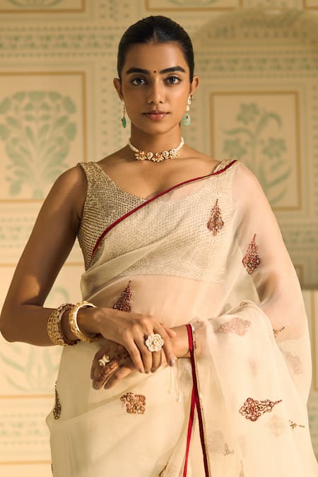 Buy Sarang Kaur White Organza, Silk, Satin Beads, Chavi Saree With Unstitched Blouse Piece Online at Aza Fashions Buy_Sarang Kaur_White Organza, Silk, Satin Beads, Chavi Saree With Unstitched Blouse Piece _Online_at_Aza_Fashions