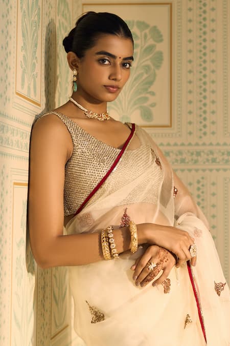 Shop Sarang Kaur White Organza, Silk, Satin Beads, Chavi Saree With Unstitched Blouse Piece Online at Aza Fashions Shop_Sarang Kaur_White Organza, Silk, Satin Beads, Chavi Saree With Unstitched Blouse Piece _Online_at_Aza_Fashions