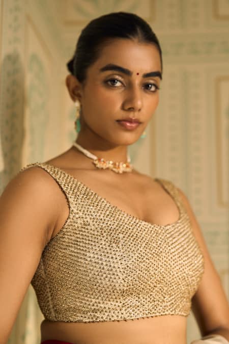 Sarang Kaur White Organza, Silk, Satin Beads, Chavi Saree With Unstitched Blouse Piece at Aza Fashions Sarang Kaur_White Organza, Silk, Satin Beads, Chavi Saree With Unstitched Blouse Piece _at_Aza_Fashions