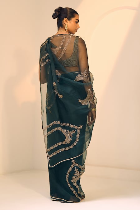 Shop Sarang Kaur Green Organza, Silk, Satin Sequins, Anya Saree With Unstitched Blouse Piece at Aza Fashions Shop_Sarang Kaur_Green Organza, Silk, Satin Sequins, Anya Saree With Unstitched Blouse Piece _at_Aza_Fashions