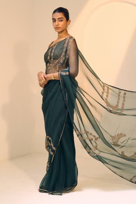 Sarang Kaur Green Organza, Silk, Satin Sequins, Anya Saree With Unstitched Blouse Piece Online at Aza Fashions Sarang Kaur_Green Organza, Silk, Satin Sequins, Anya Saree With Unstitched Blouse Piece _Online_at_Aza_Fashions