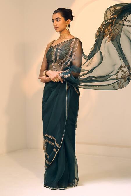 Buy Sarang Kaur Green Organza, Silk, Satin Sequins, Anya Saree With Unstitched Blouse Piece Online at Aza Fashions Buy_Sarang Kaur_Green Organza, Silk, Satin Sequins, Anya Saree With Unstitched Blouse Piece _Online_at_Aza_Fashions
