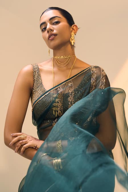 Shop Sarang Kaur Green Organza, Silk, Satin Sequins, Anya Saree With Unstitched Blouse Piece Online at Aza Fashions Shop_Sarang Kaur_Green Organza, Silk, Satin Sequins, Anya Saree With Unstitched Blouse Piece _Online_at_Aza_Fashions