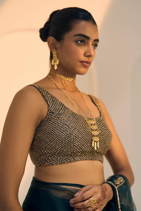 Sarang Kaur Green Organza, Silk, Satin Sequins, Anya Saree With Unstitched Blouse Piece at Aza Fashions Sarang Kaur_Green Organza, Silk, Satin Sequins, Anya Saree With Unstitched Blouse Piece _at_Aza_Fashions