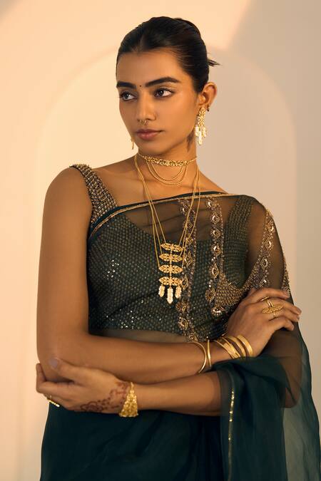 Buy Sarang Kaur Green Organza, Silk, Satin Sequins, Anya Saree With Unstitched Blouse Piece Buy_Sarang Kaur_Green Organza, Silk, Satin Sequins, Anya Saree With Unstitched Blouse Piece