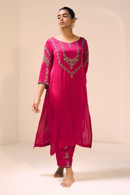 Sarang Kaur Pink Kurta Satin Georgette Hand Embroidered Thread Round Anya With Pant 