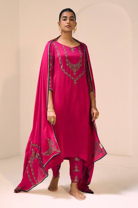 Sarang Kaur Pink Satin, Georgette, Silk Sequins, Beads, Embroidery Anya Kurta With Pant Online at Aza Fashions Sarang Kaur_Pink Satin, Georgette, Silk Sequins, Beads, Embroidery Anya Kurta With Pant _Online_at_Aza_Fashions
