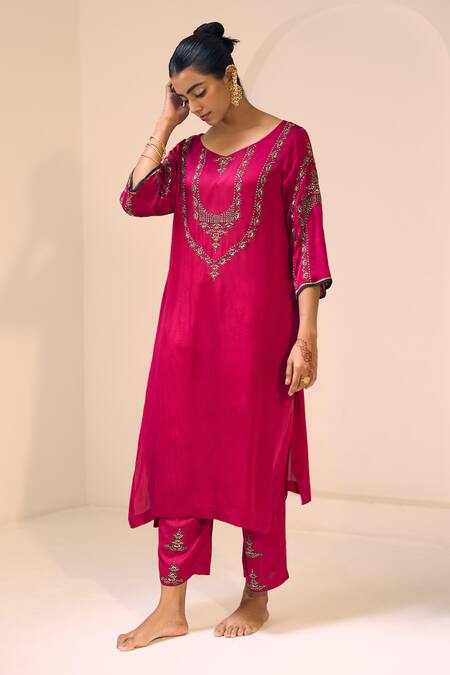 Buy Sarang Kaur Pink Satin, Georgette, Silk Sequins, Beads, Embroidery Anya Kurta With Pant Online at Aza Fashions Buy_Sarang Kaur_Pink Satin, Georgette, Silk Sequins, Beads, Embroidery Anya Kurta With Pant _Online_at_Aza_Fashions
