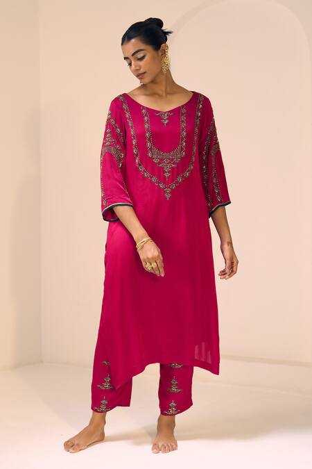 Sarang Kaur Pink Satin, Georgette, Silk Sequins, Beads, Embroidery Anya Kurta With Pant at Aza Fashions Sarang Kaur_Pink Satin, Georgette, Silk Sequins, Beads, Embroidery Anya Kurta With Pant _at_Aza_Fashions