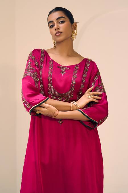 Buy Sarang Kaur Pink Satin, Georgette, Silk Sequins, Beads, Embroidery Anya Kurta With Pant Buy_Sarang Kaur_Pink Satin, Georgette, Silk Sequins, Beads, Embroidery Anya Kurta With Pant