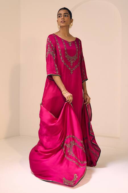 Shop Sarang Kaur Pink Satin, Georgette Sequins, Beads Anya Embroidered Dupatta Online at Aza Fashions Shop_Sarang Kaur_Pink Satin, Georgette Sequins, Beads Anya Embroidered Dupatta _Online_at_Aza_Fashions