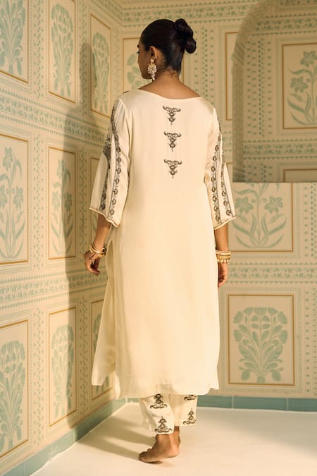 Shop Sarang Kaur White Satin, Georgette, Silk Sequins, Beads, Anya Yoke Kurta With Pant at Aza Fashions Shop_Sarang Kaur_White Satin, Georgette, Silk Sequins, Beads, Anya Yoke Kurta With Pant _at_Aza_Fashions