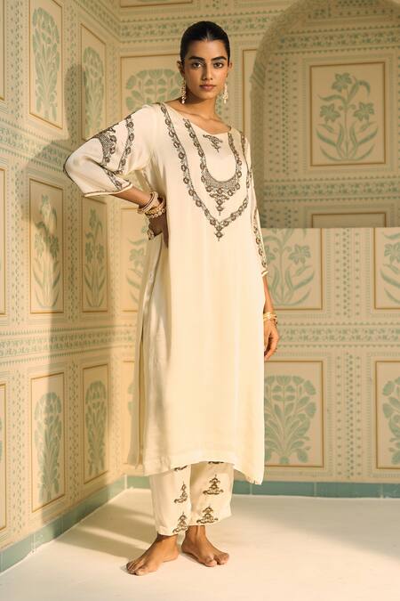 Sarang Kaur White Satin, Georgette, Silk Sequins, Beads, Anya Yoke Kurta With Pant Online at Aza Fashions Sarang Kaur_White Satin, Georgette, Silk Sequins, Beads, Anya Yoke Kurta With Pant _Online_at_Aza_Fashions