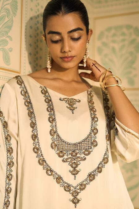 Sarang Kaur White Satin, Georgette, Silk Sequins, Beads, Anya Yoke Kurta With Pant at Aza Fashions Sarang Kaur_White Satin, Georgette, Silk Sequins, Beads, Anya Yoke Kurta With Pant _at_Aza_Fashions