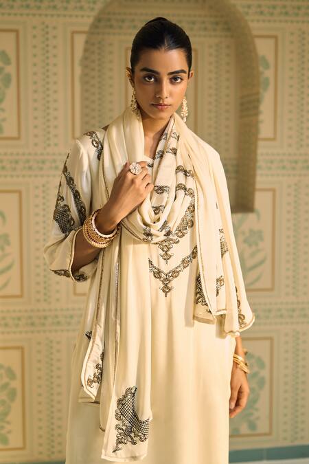 Sarang Kaur White Satin, Georgette Sequins, Beads Anya Floral Embroidered Dupatta at Aza Fashions Sarang Kaur_White Satin, Georgette Sequins, Beads Anya Floral Embroidered Dupatta _at_Aza_Fashions