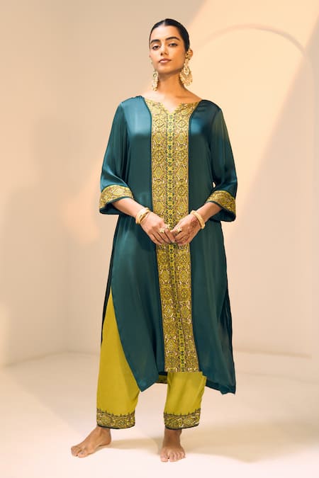 Sarang Kaur Green Kurta Satin Georgette Hand Embroidered Beads Seerat Geometric With Pant 