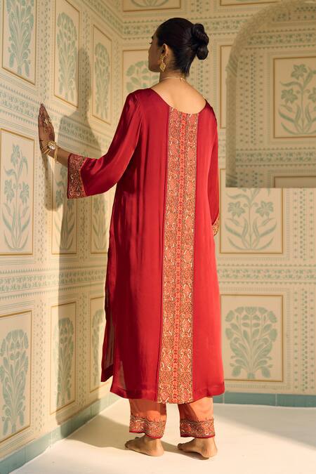 Shop Sarang Kaur Red Satin, Georgette, Silk Sequins, Beads, Embroidery Seerat Kurta With Pant at Aza Fashions Shop_Sarang Kaur_Red Satin, Georgette, Silk Sequins, Beads, Embroidery Seerat Kurta With Pant _at_Aza_Fashions