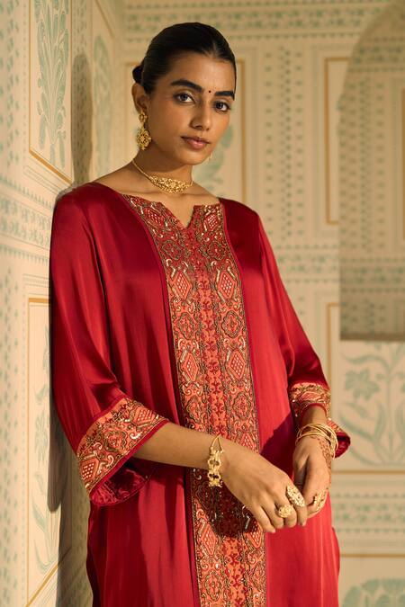Sarang Kaur Red Satin, Georgette, Silk Sequins, Beads, Embroidery Seerat Kurta With Pant Online at Aza Fashions Sarang Kaur_Red Satin, Georgette, Silk Sequins, Beads, Embroidery Seerat Kurta With Pant _Online_at_Aza_Fashions