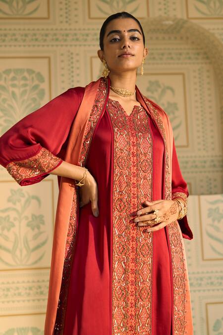 Sarang Kaur Red Satin, Georgette, Silk Sequins, Beads, Embroidery Seerat Kurta With Pant at Aza Fashions Sarang Kaur_Red Satin, Georgette, Silk Sequins, Beads, Embroidery Seerat Kurta With Pant _at_Aza_Fashions