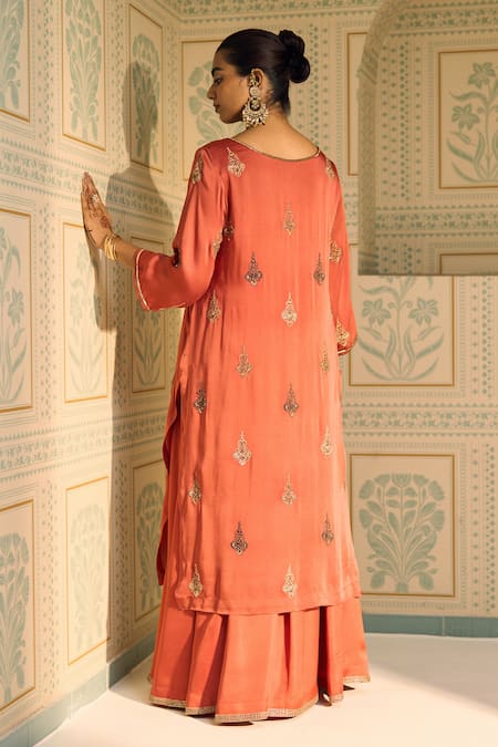 Shop Sarang Kaur Orange Satin, Georgette, Silk Sequins, Beads, Chavi Kurta With Gharara at Aza Fashions Shop_Sarang Kaur_Orange Satin, Georgette, Silk Sequins, Beads, Chavi Kurta With Gharara _at_Aza_Fashions