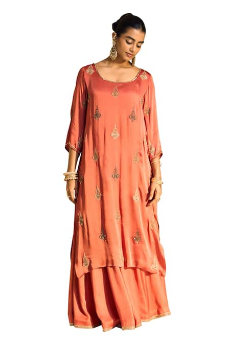 Sarang Kaur Orange Satin, Georgette, Silk Sequins, Beads, Chavi Kurta With Gharara Online at Aza Fashions Sarang Kaur_Orange Satin, Georgette, Silk Sequins, Beads, Chavi Kurta With Gharara _Online_at_Aza_Fashions