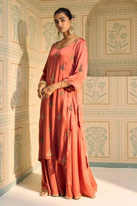 Buy Sarang Kaur Orange Satin, Georgette, Silk Sequins, Beads, Chavi Kurta With Gharara Online at Aza Fashions Buy_Sarang Kaur_Orange Satin, Georgette, Silk Sequins, Beads, Chavi Kurta With Gharara _Online_at_Aza_Fashions