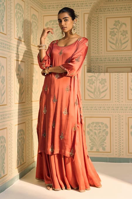 Shop Sarang Kaur Orange Satin, Georgette, Silk Sequins, Beads, Chavi Kurta With Gharara Online at Aza Fashions Shop_Sarang Kaur_Orange Satin, Georgette, Silk Sequins, Beads, Chavi Kurta With Gharara _Online_at_Aza_Fashions
