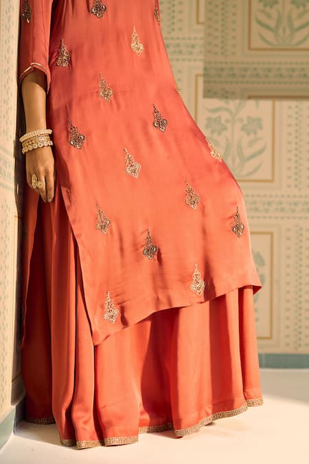 Sarang Kaur Orange Satin, Georgette, Silk Sequins, Beads, Chavi Kurta With Gharara at Aza Fashions Sarang Kaur_Orange Satin, Georgette, Silk Sequins, Beads, Chavi Kurta With Gharara _at_Aza_Fashions